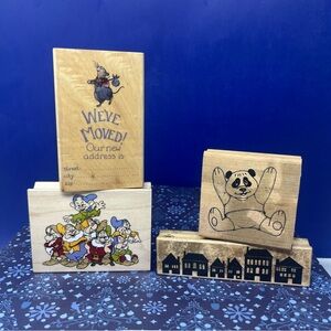 Wooden Rubber Stamp Bundle 7 Dwarfs Panda We’ve Moved Row of Houses